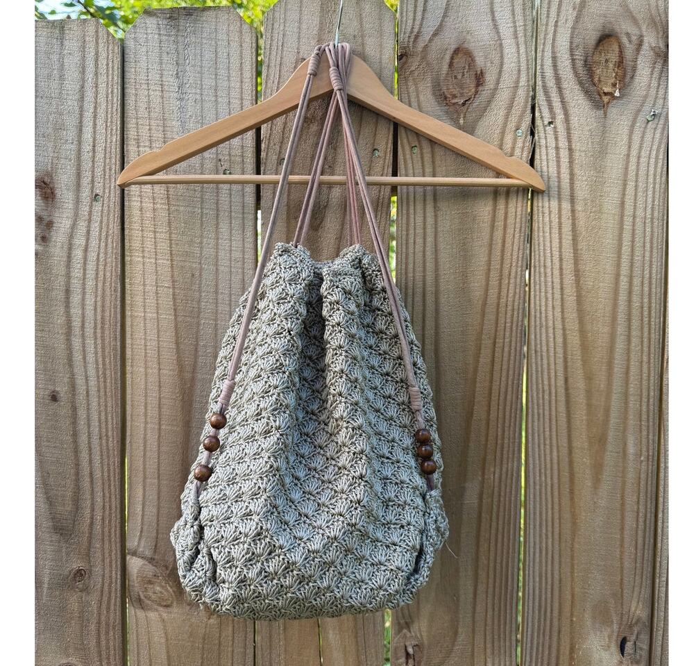 Neutral Crochet Drawstring Shoulder Bag with Wood Beads
